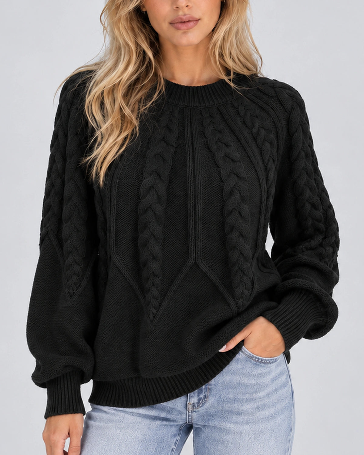 Women's Cable Knit Jumper with Crew Neck, Balloon Sleeves and Ribbed Cuffs – Sienna
