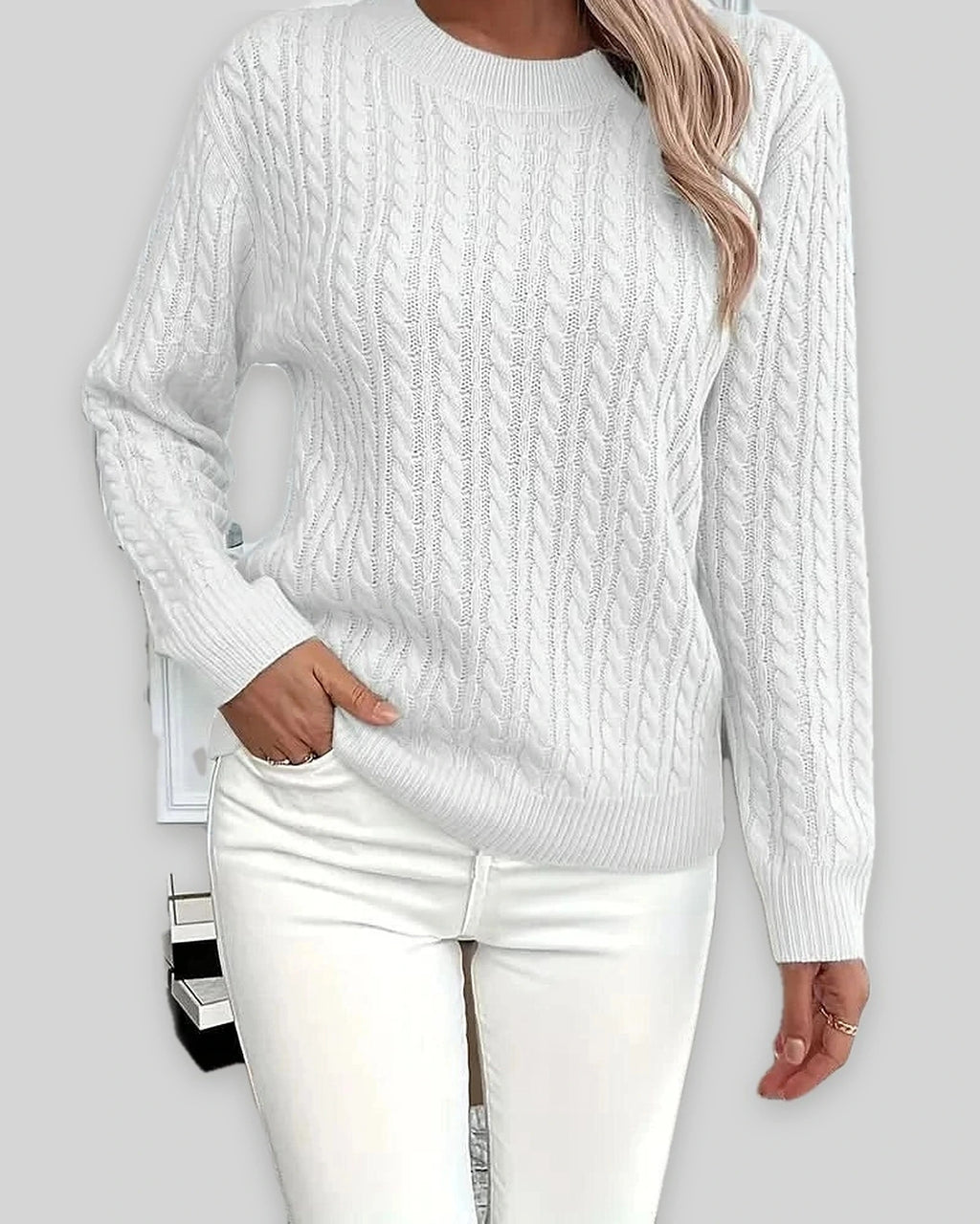 Women's Textured Cable Knit Sweater, Crew Neck Jumper with Ribbed Trim – Mabel Grey