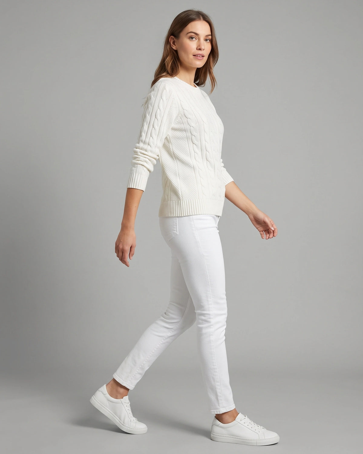 Women's Textured Cable Knit Sweater, Crew Neck Jumper with Ribbed Trim – Mabel Grey