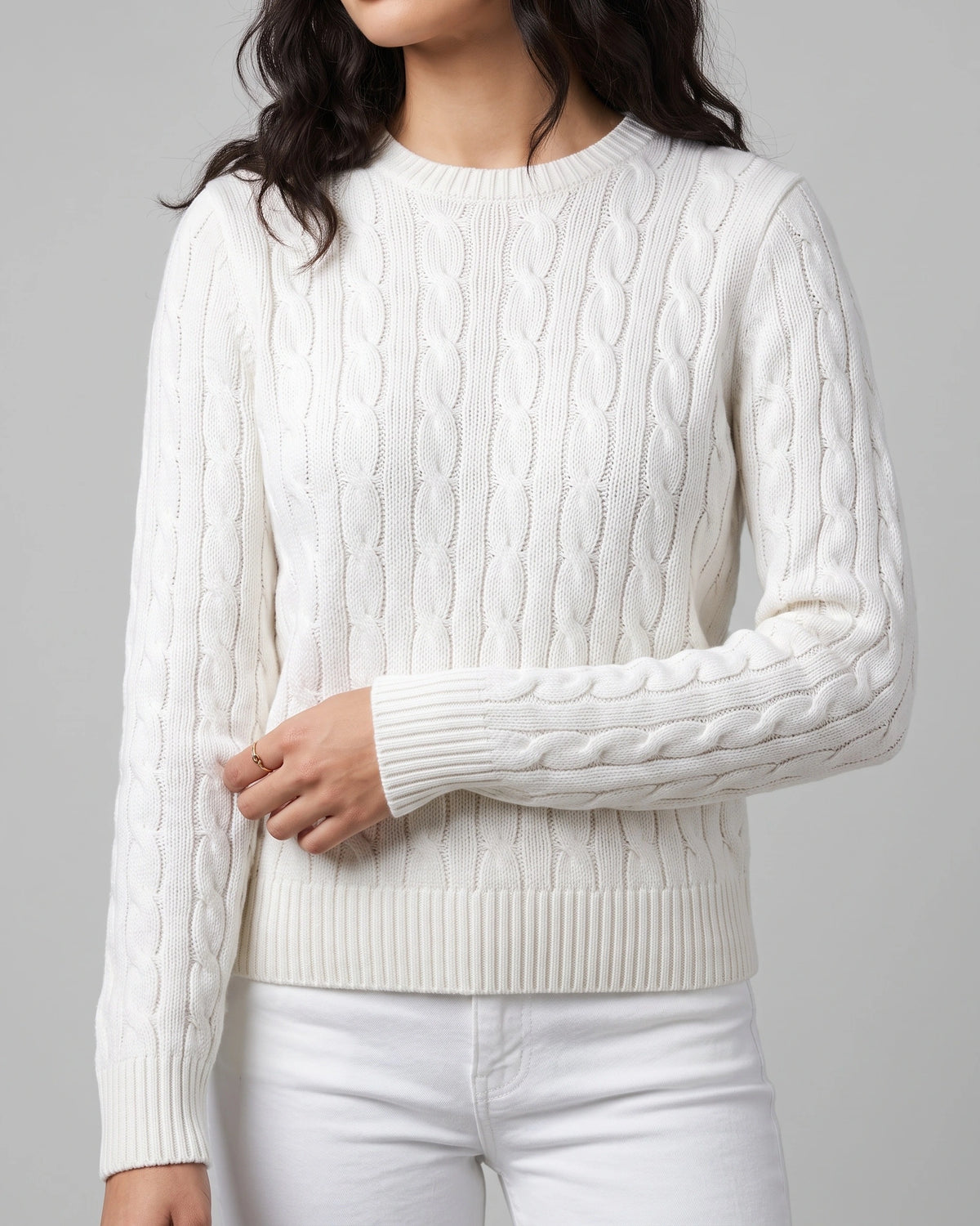 Women's Textured Cable Knit Sweater, Crew Neck Jumper with Ribbed Trim – Mabel Grey