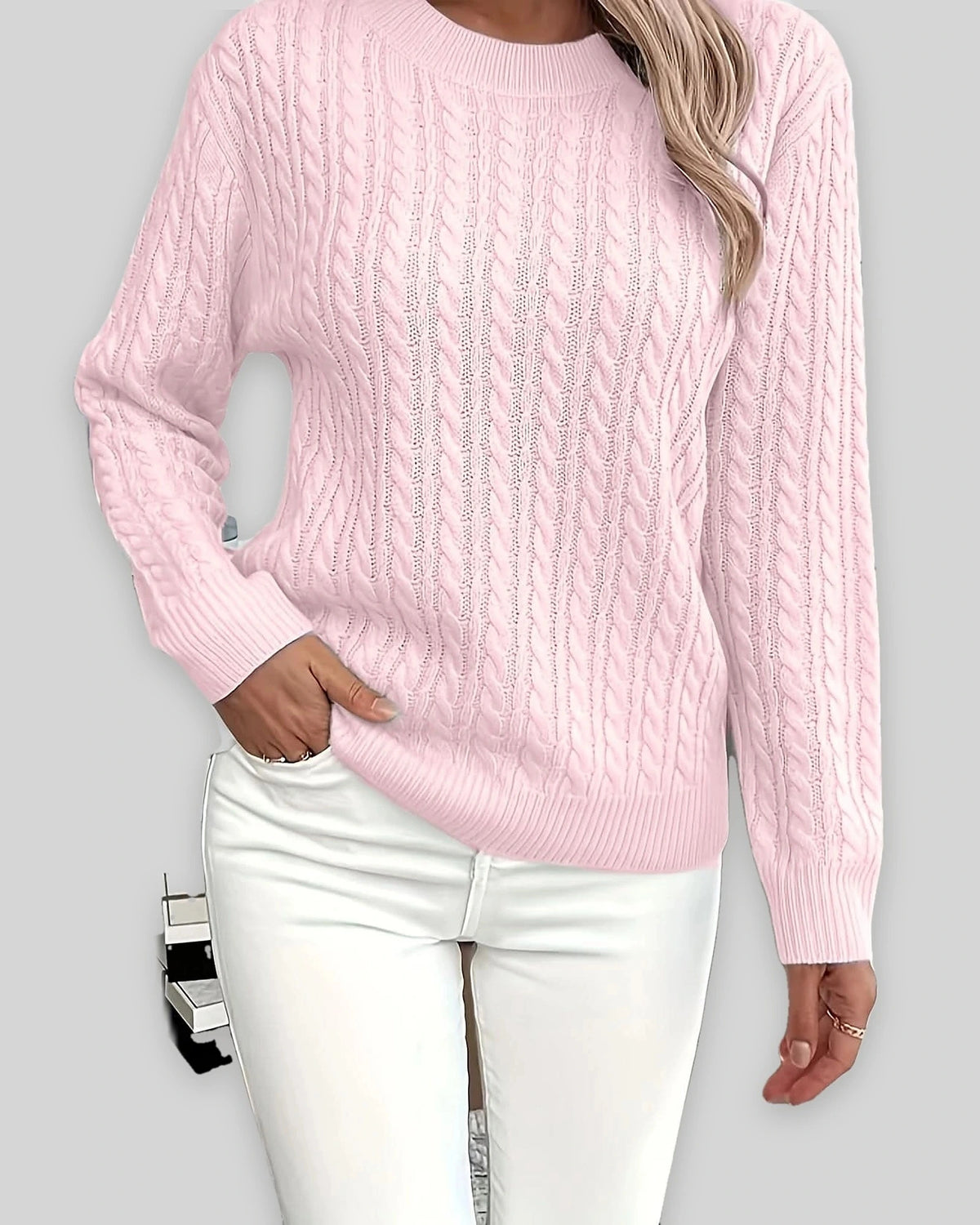 Women's Textured Cable Knit Sweater, Crew Neck Jumper with Ribbed Trim – Mabel Grey