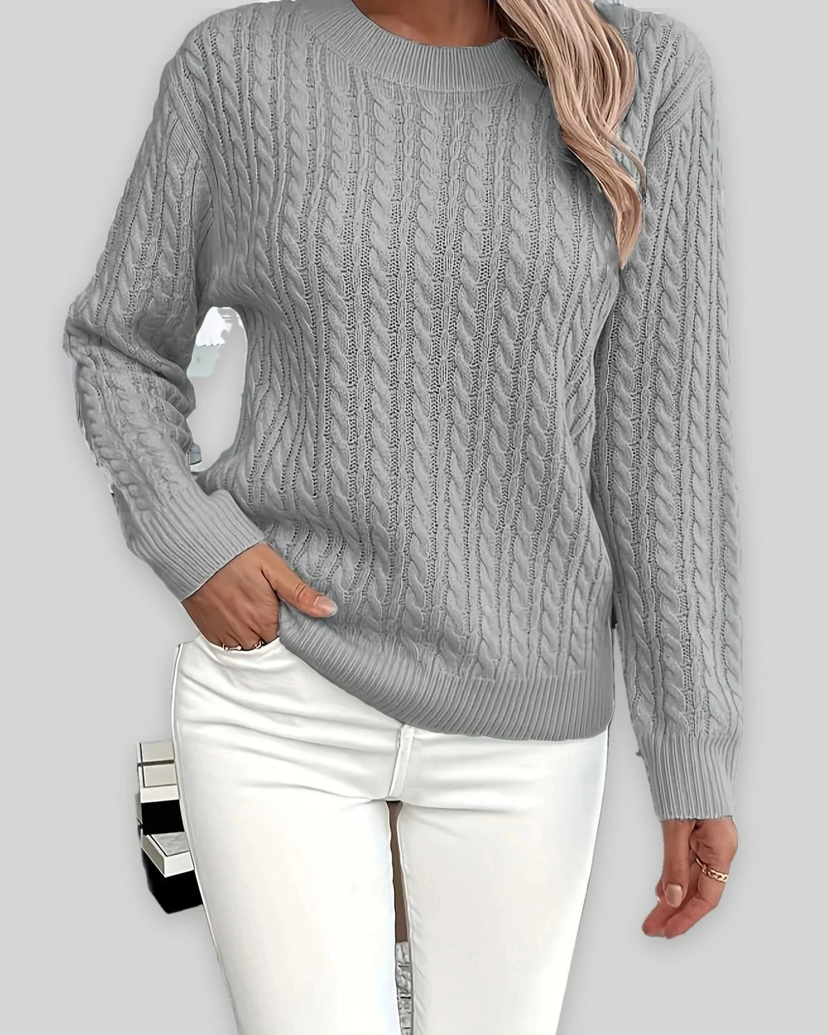 Women's Textured Cable Knit Sweater, Crew Neck Jumper with Ribbed Trim – Mabel Grey