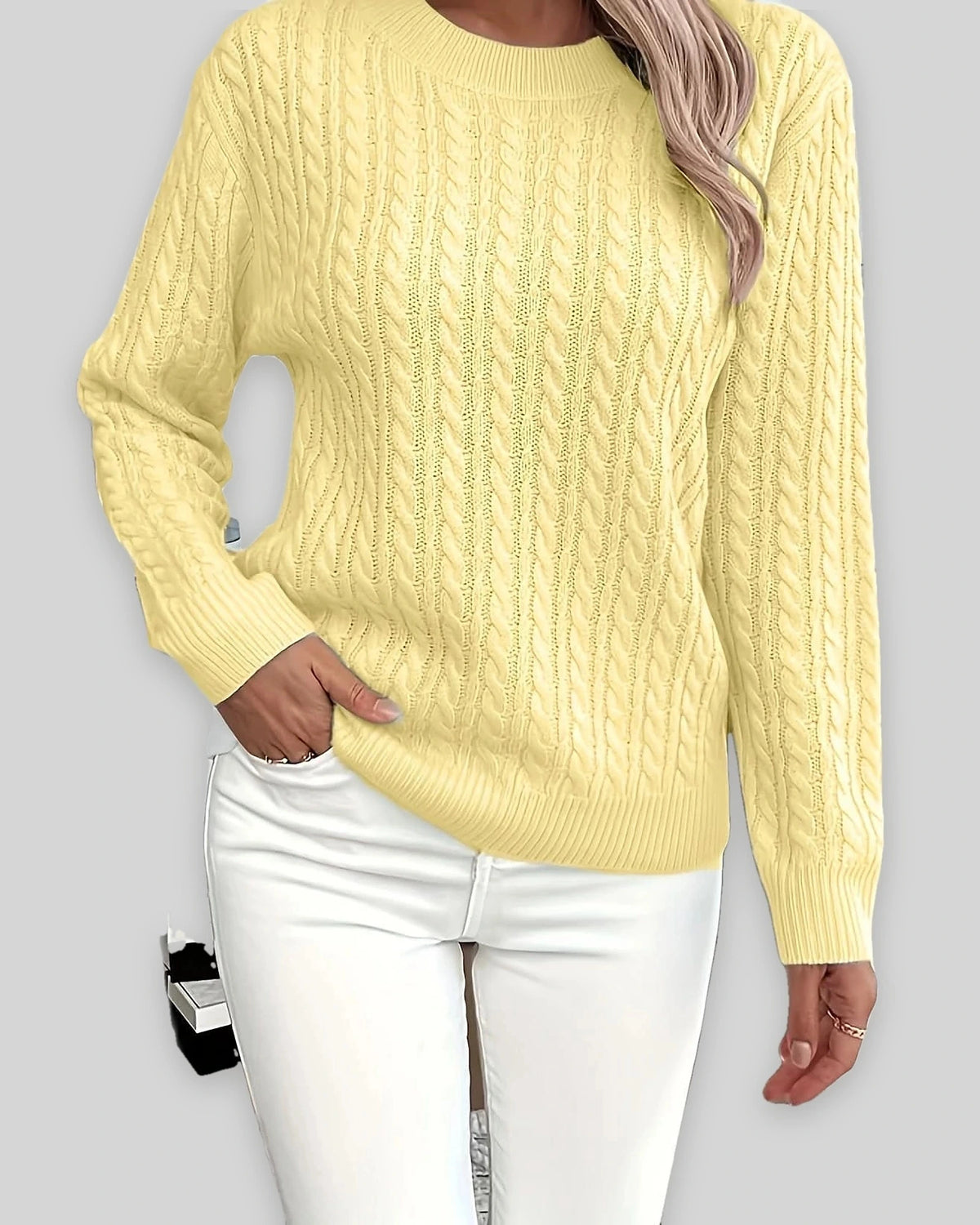 Women's Textured Cable Knit Sweater, Crew Neck Jumper with Ribbed Trim – Mabel Grey