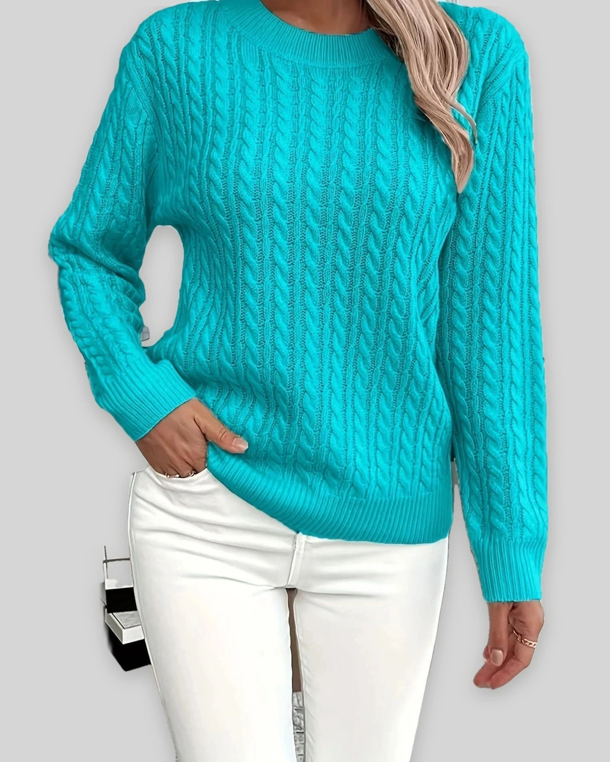 Women's Textured Cable Knit Sweater, Crew Neck Jumper with Ribbed Trim – Mabel Grey