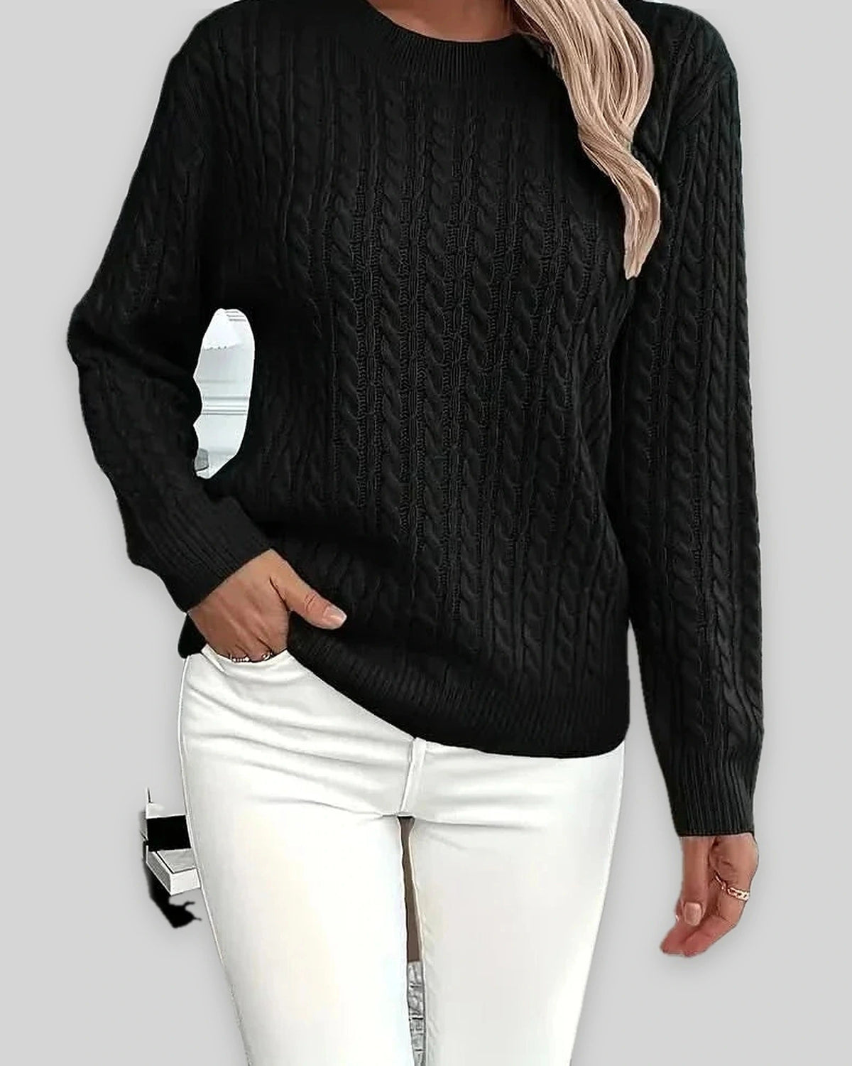 Women's Textured Cable Knit Sweater, Crew Neck Jumper with Ribbed Trim – Mabel Grey
