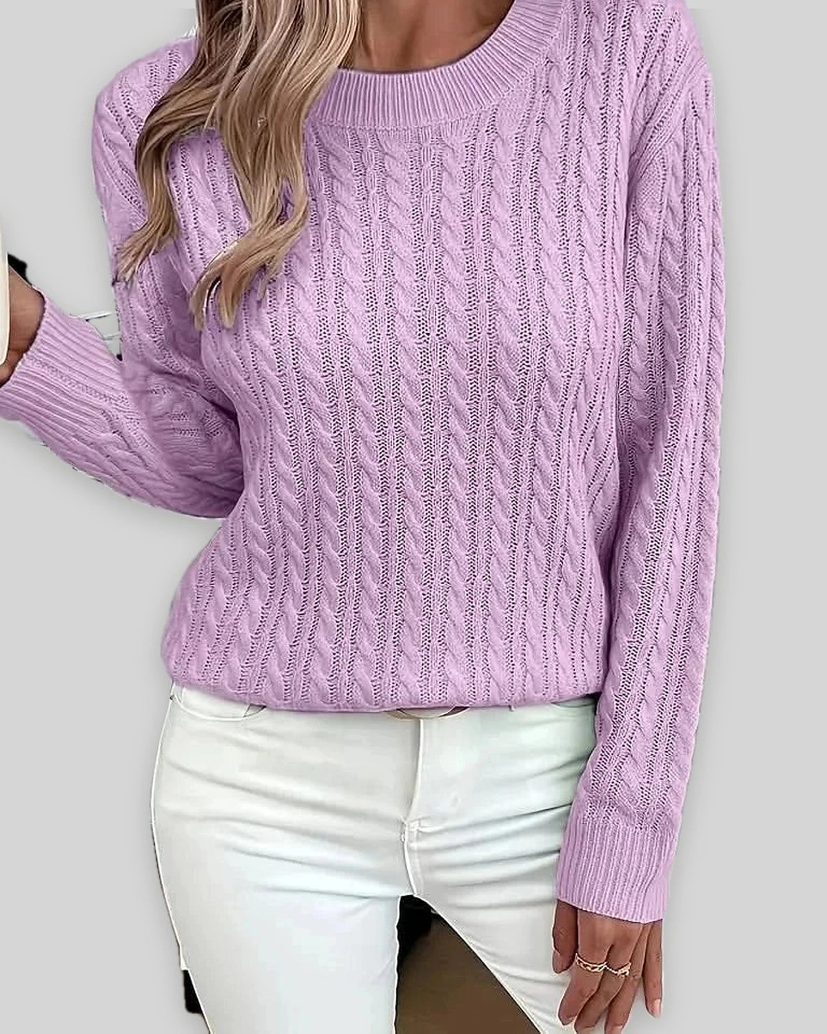 Women's Textured Cable Knit Sweater, Crew Neck Jumper with Ribbed Trim – Mabel Grey