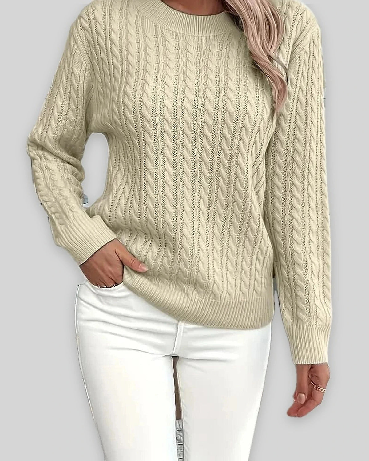 Women's Textured Cable Knit Sweater, Crew Neck Jumper with Ribbed Trim – Mabel Grey