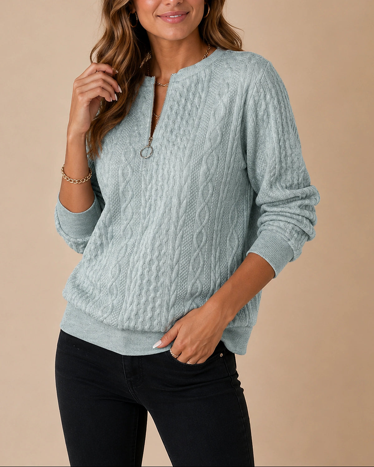 Women's Jumper in Cable Knit with Half Zip Neck, Ribbed Cuffs and Hem – Stella