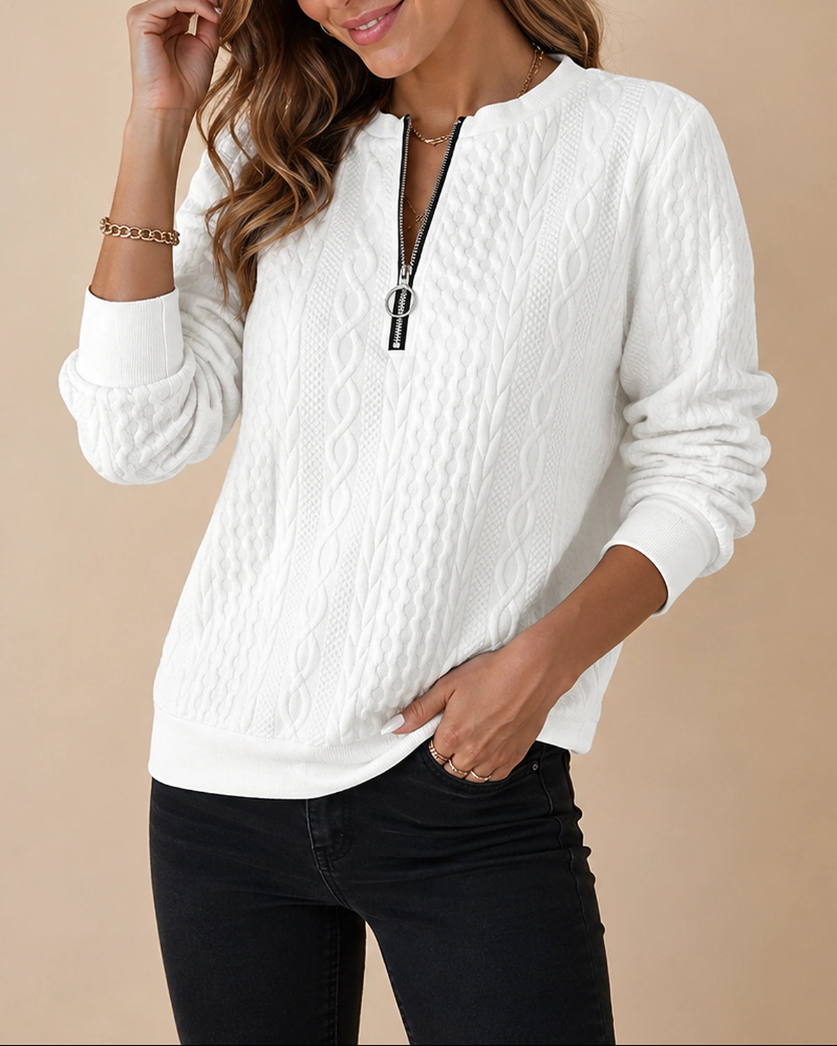 Women's Jumper in Cable Knit with Half Zip Neck, Ribbed Cuffs and Hem – Stella