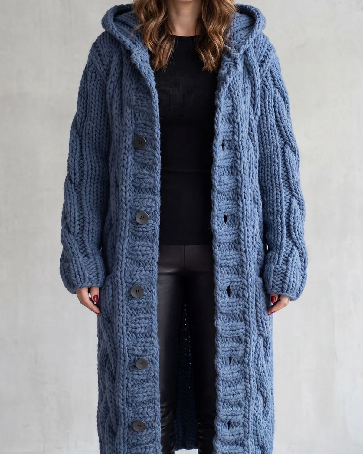 Women's Long Cardigan in Cable Knit with Hood and Button Front – Lottie Rose