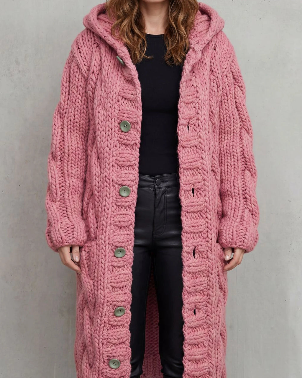 Women's Long Cardigan in Cable Knit with Hood and Button Front – Lottie Rose