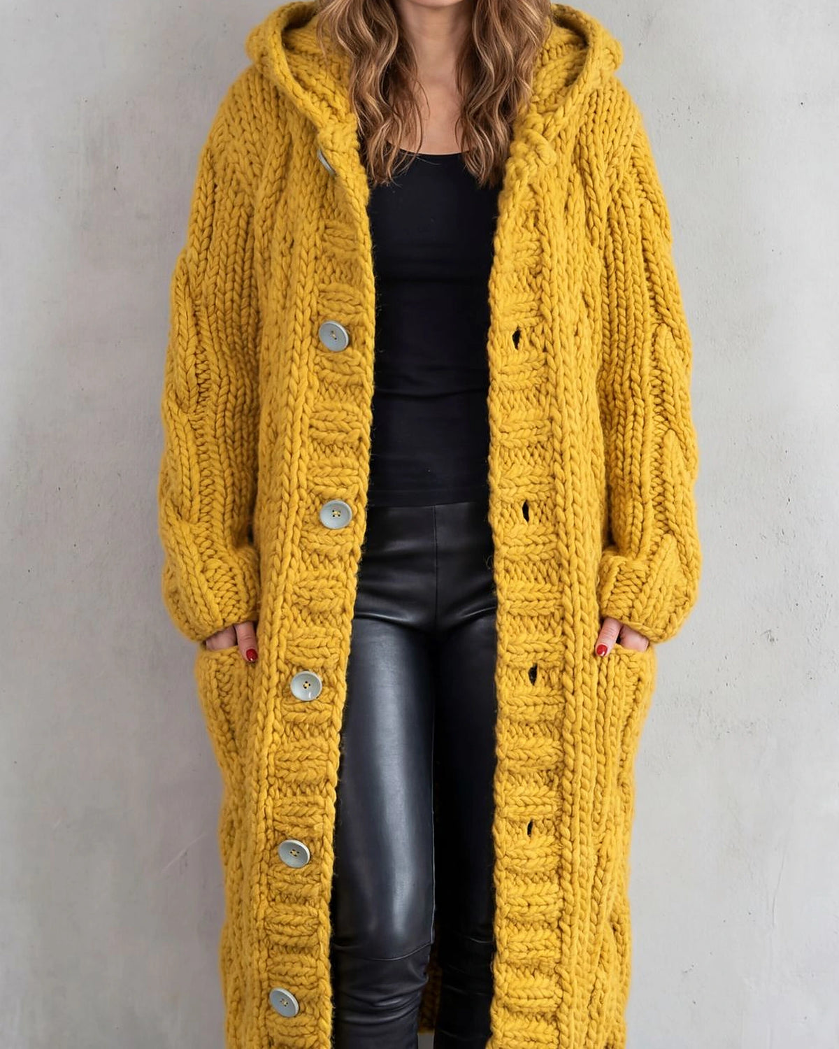 Women's Long Cardigan in Cable Knit with Hood and Button Front – Lottie Rose