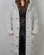 Women's Long Cardigan in Cable Knit with Hood and Button Front – Lottie Rose