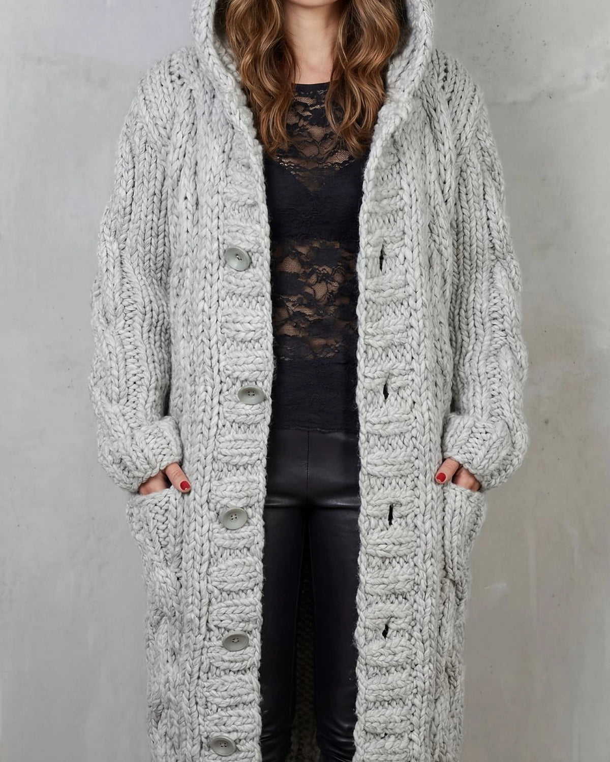 Women's Long Cardigan in Cable Knit with Hood and Button Front – Lottie Rose