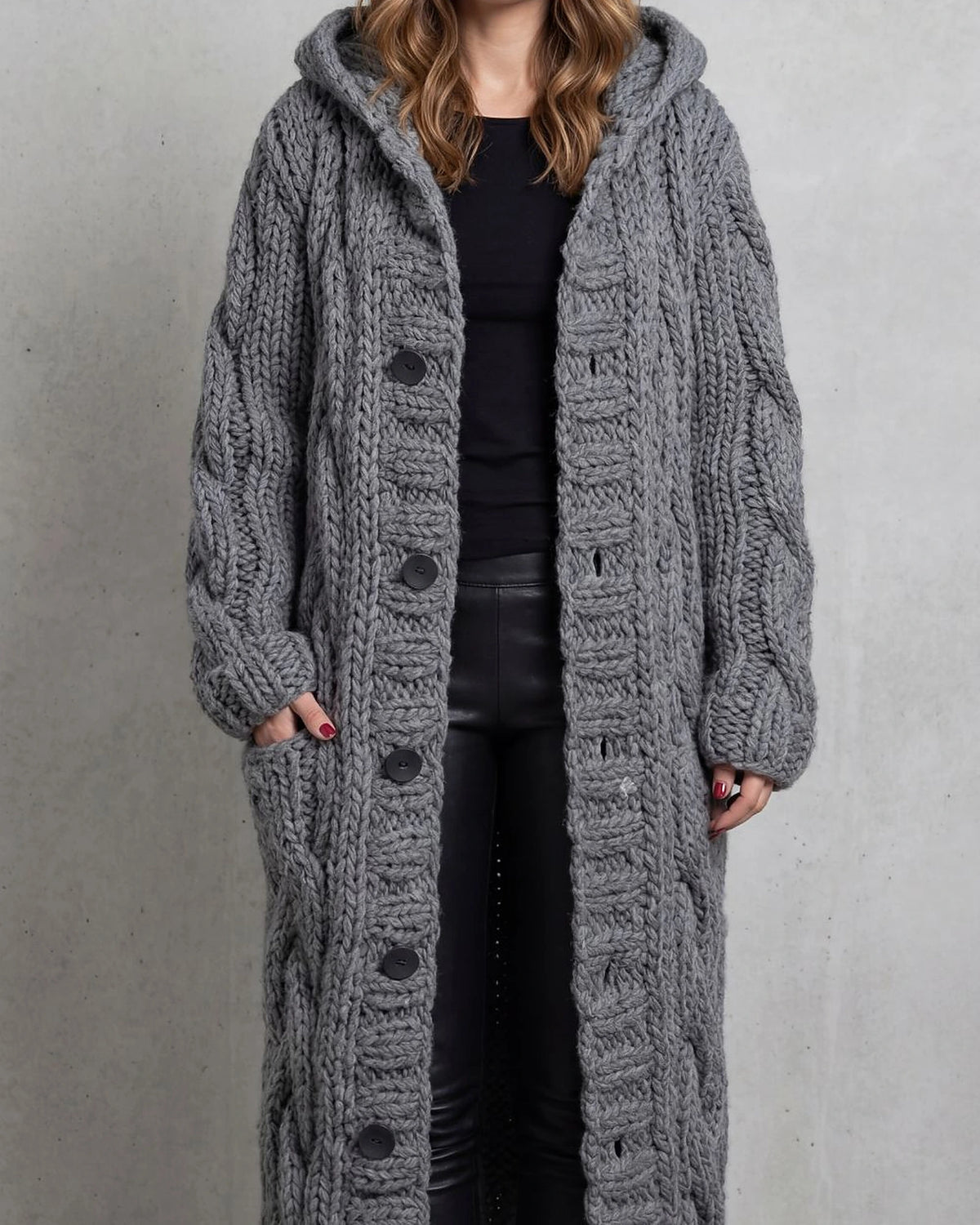 Women's Long Cardigan in Cable Knit with Hood and Button Front – Lottie Rose