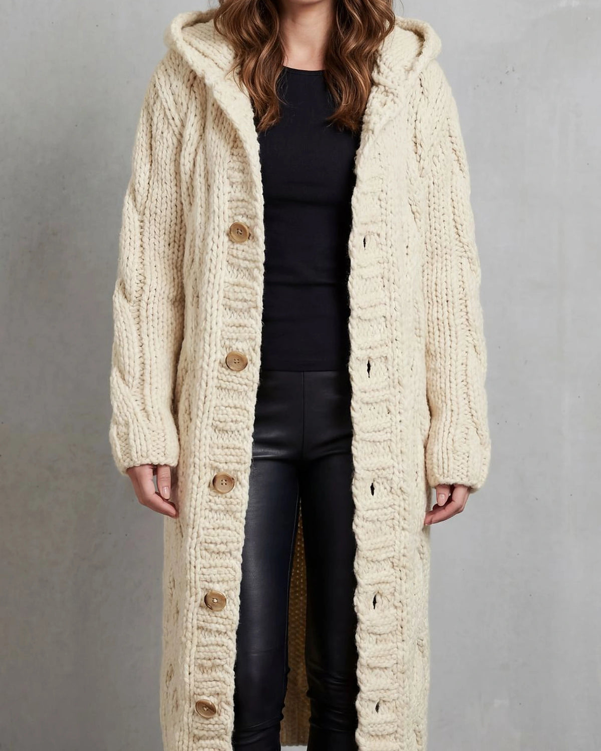 Women's Long Cardigan in Cable Knit with Hood and Button Front – Lottie Rose