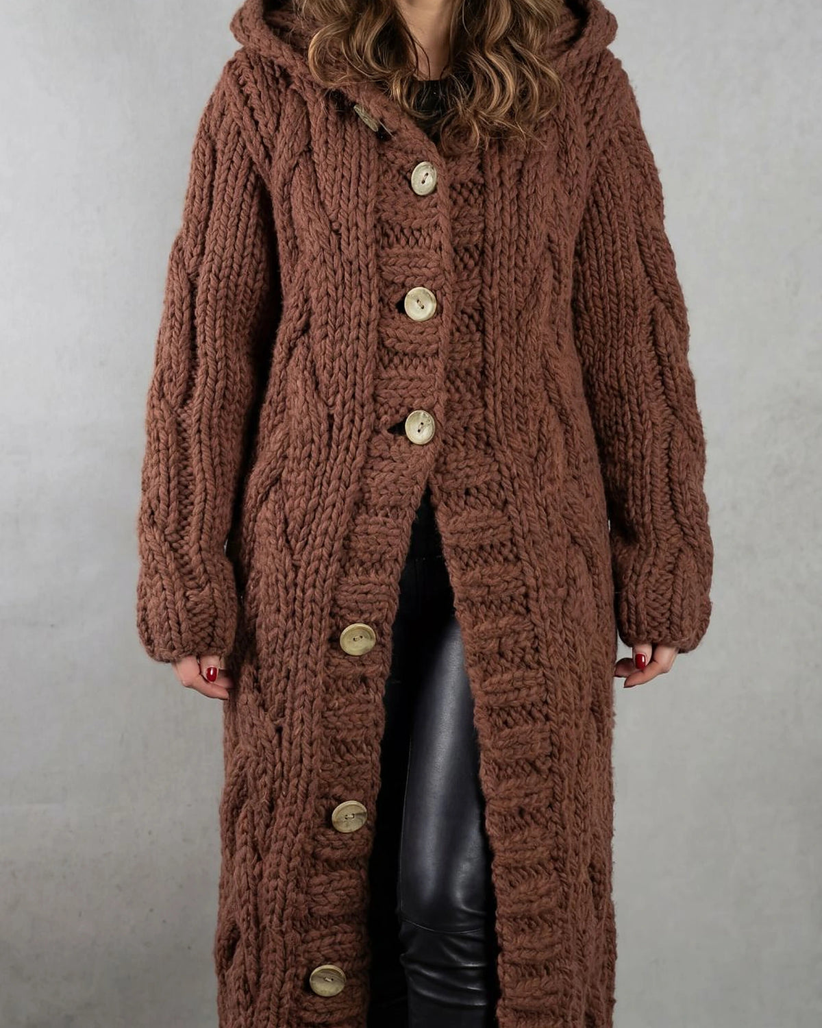 Women's Long Cardigan in Cable Knit with Hood and Button Front – Lottie Rose