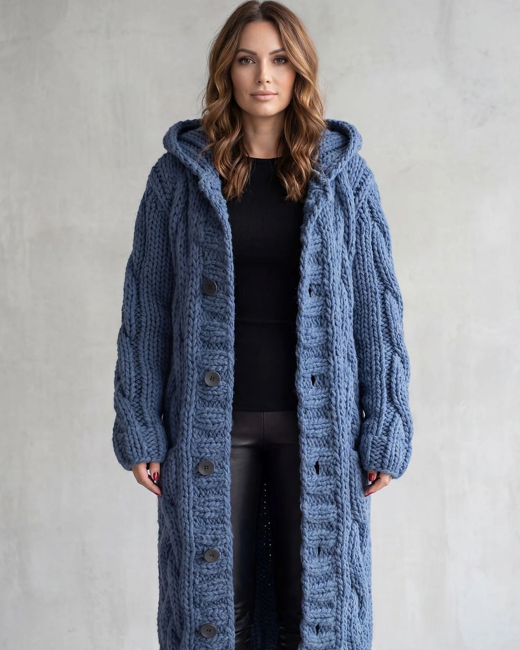 Women's Long Cardigan in Cable Knit with Hood and Button Front – Lottie Rose