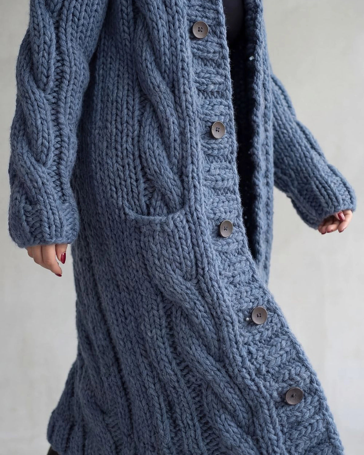 Women's Long Cardigan in Cable Knit with Hood and Button Front – Lottie Rose
