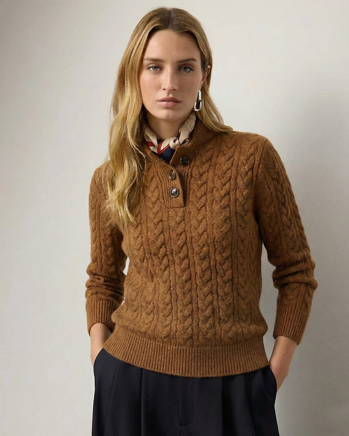 Women's Cable Knit Jumper Sweater with Button Neck and Stand Collar – Celeste Jane