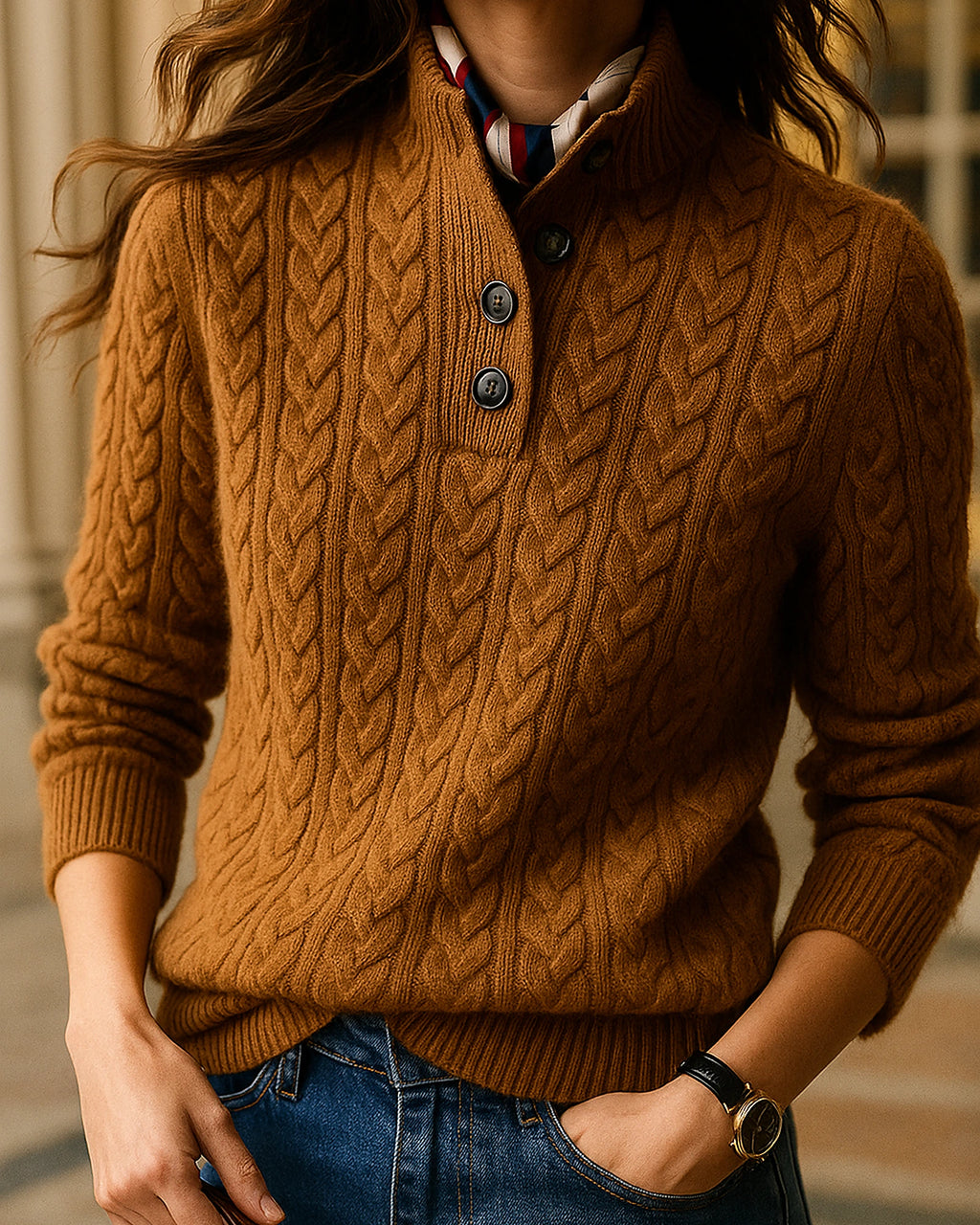 Women's Cable Knit Jumper Sweater with Button Neck and Stand Collar – Celeste Jane