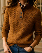 Women's Cable Knit Jumper Sweater with Button Neck and Stand Collar – Celeste Jane