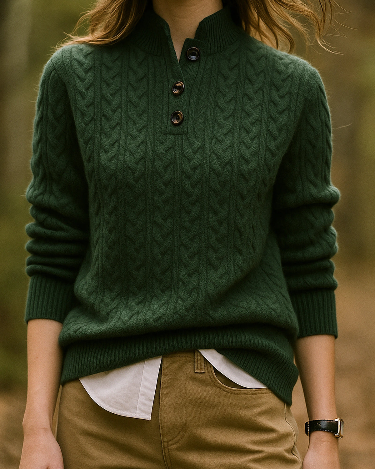 Women's Cable Knit Jumper Sweater with Button Neck and Stand Collar – Celeste Jane