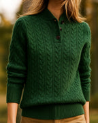 Women's Cable Knit Jumper Sweater with Button Neck and Stand Collar – Celeste Jane