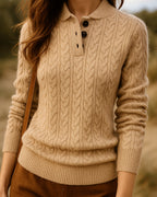 Women's Cable Knit Jumper Sweater with Button Neck and Stand Collar – Celeste Jane
