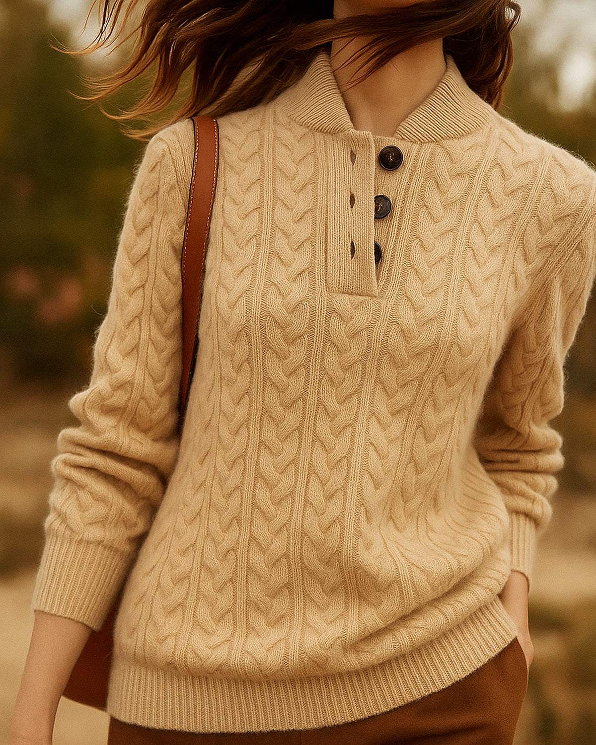 Women's Cable Knit Jumper Sweater with Button Neck and Stand Collar – Celeste Jane