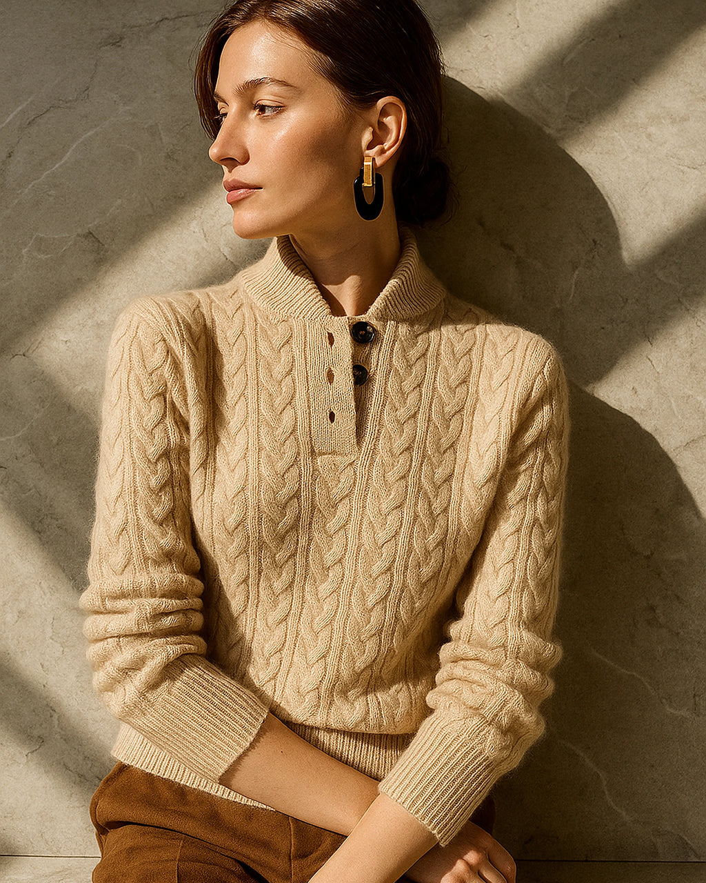 Women's Cable Knit Jumper Sweater with Button Neck and Stand Collar – Celeste Jane
