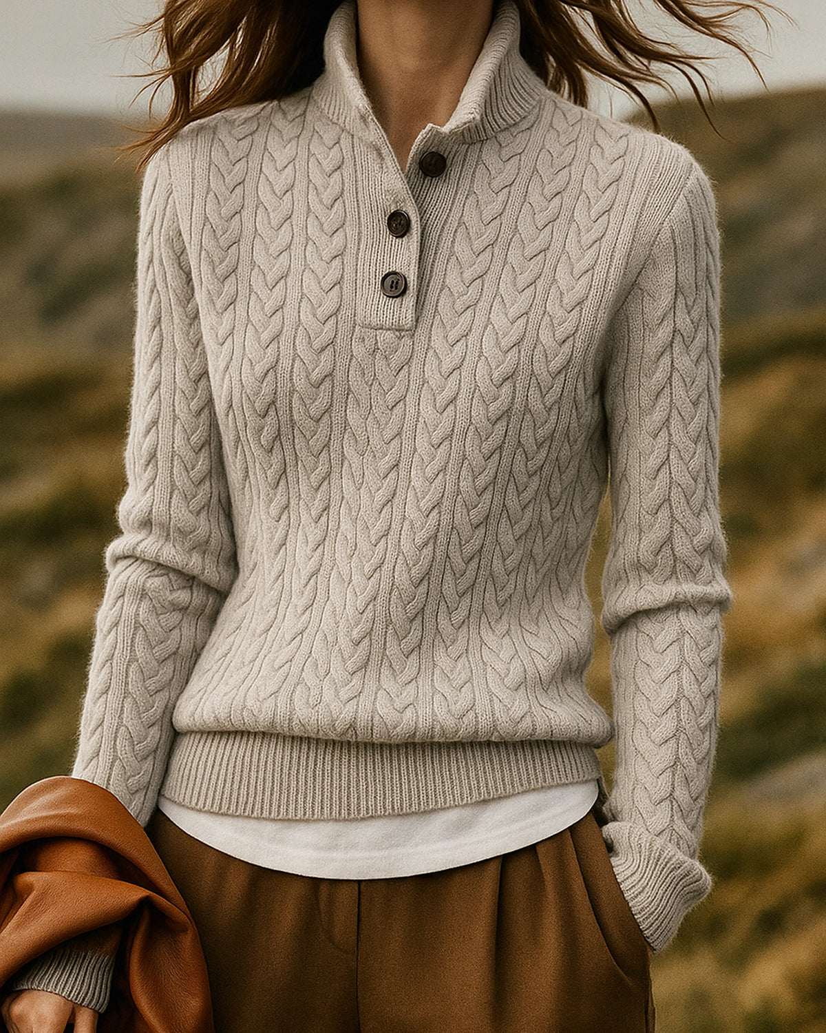 Women's Cable Knit Jumper Sweater with Button Neck and Stand Collar – Celeste Jane