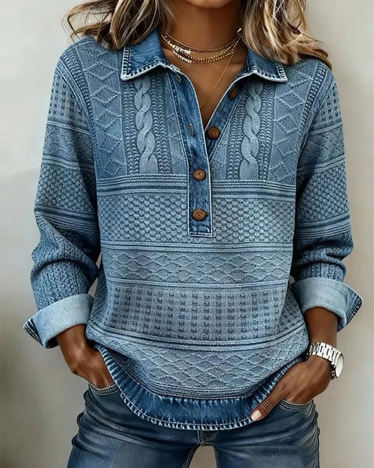 Women's Cable Knit Polo Jumper with Denim Collar and Button Placket, Relaxed Fit – Petra