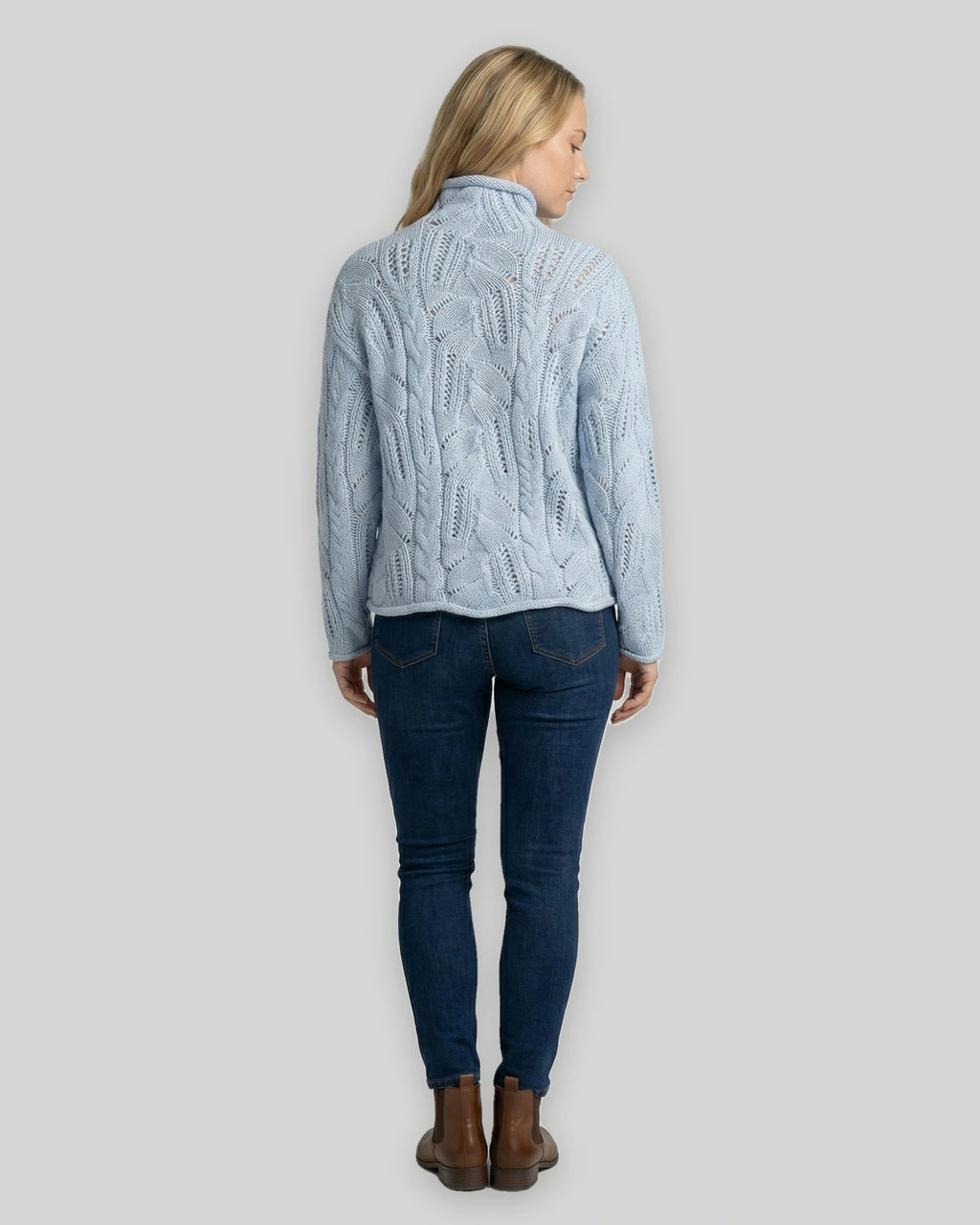 Women's Jumper with Turtleneck, Cable Knit and Pointelle Detail – Willa Grey