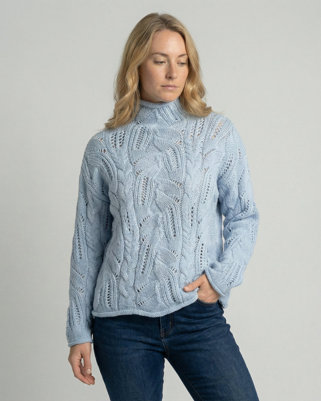 Women's Jumper with Turtleneck, Cable Knit and Pointelle Detail – Willa Grey