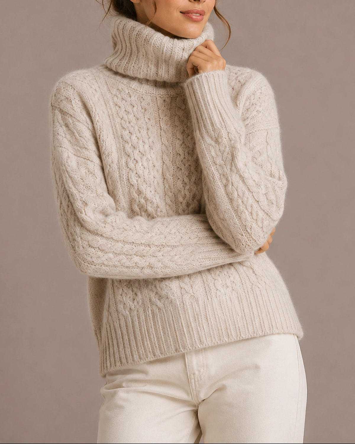 Women's Cable Knit Turtleneck Jumper with Ribbed Cuffs and Hem, Chunky Knit Sweater – Willa