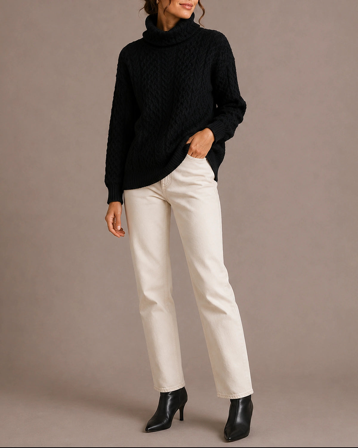 Women's Cable Knit Turtleneck Jumper with Ribbed Cuffs and Hem, Chunky Knit Sweater – Willa