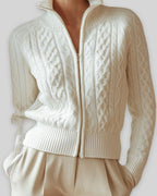 Women's Cardigan Sweater for Ladies, Cable Knit Zip Up with Stand Collar in White – Pippa Jane