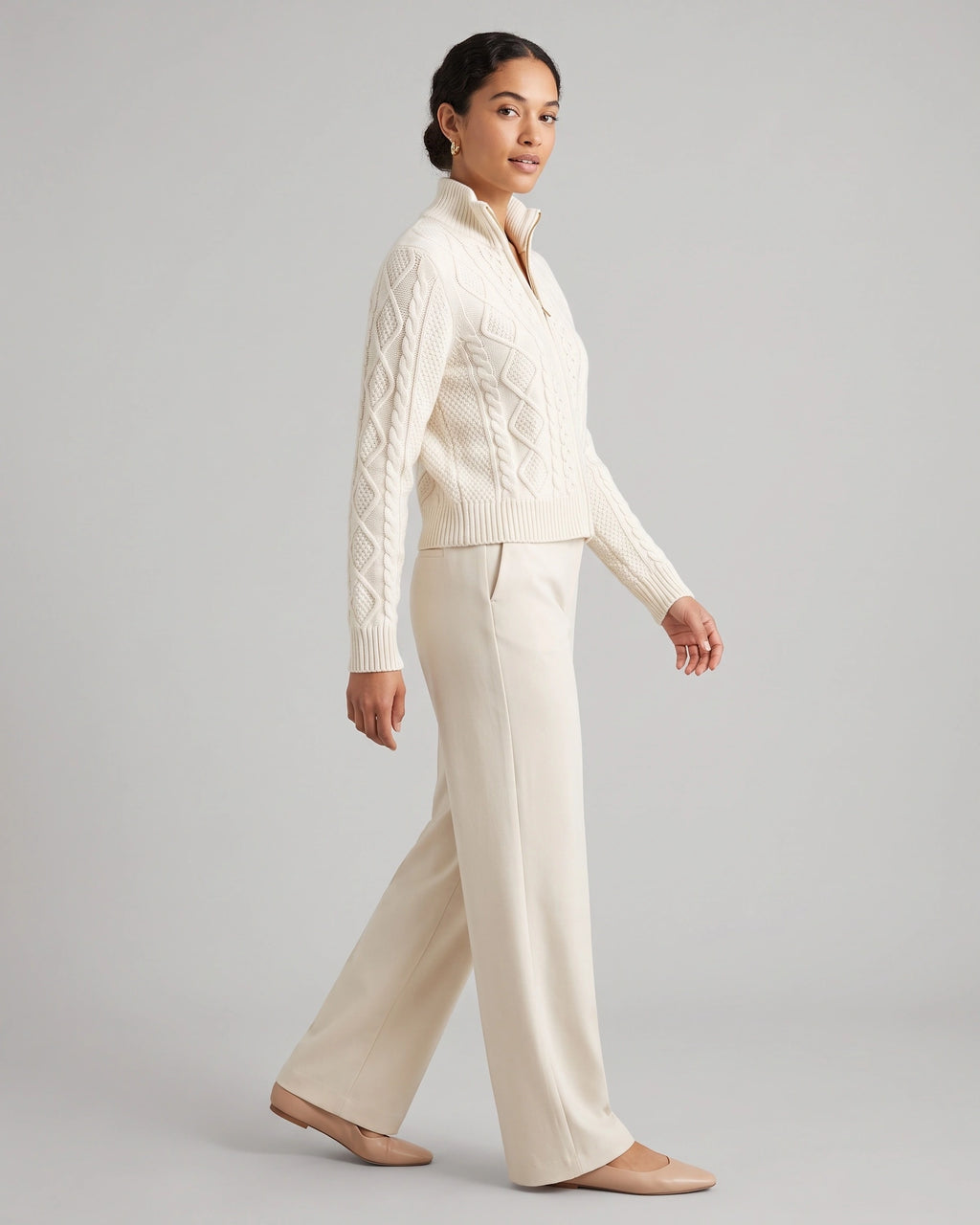 Women's Cardigan Sweater for Ladies, Cable Knit Zip Up with Stand Collar in White – Pippa Jane