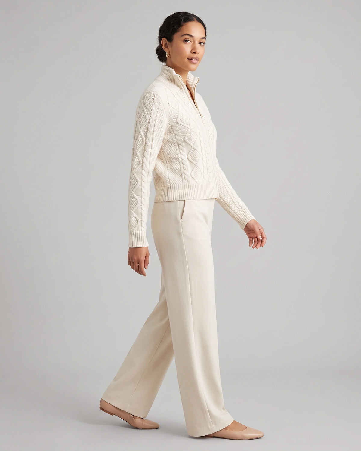 Women's Cardigan Sweater for Ladies, Cable Knit Zip Up with Stand Collar in White – Pippa Jane