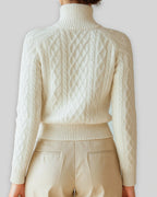 Women's Cardigan Sweater for Ladies, Cable Knit Zip Up with Stand Collar in White – Pippa Jane