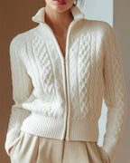Women's Cardigan Sweater for Ladies, Cable Knit Zip Up with Stand Collar in White – Pippa Jane