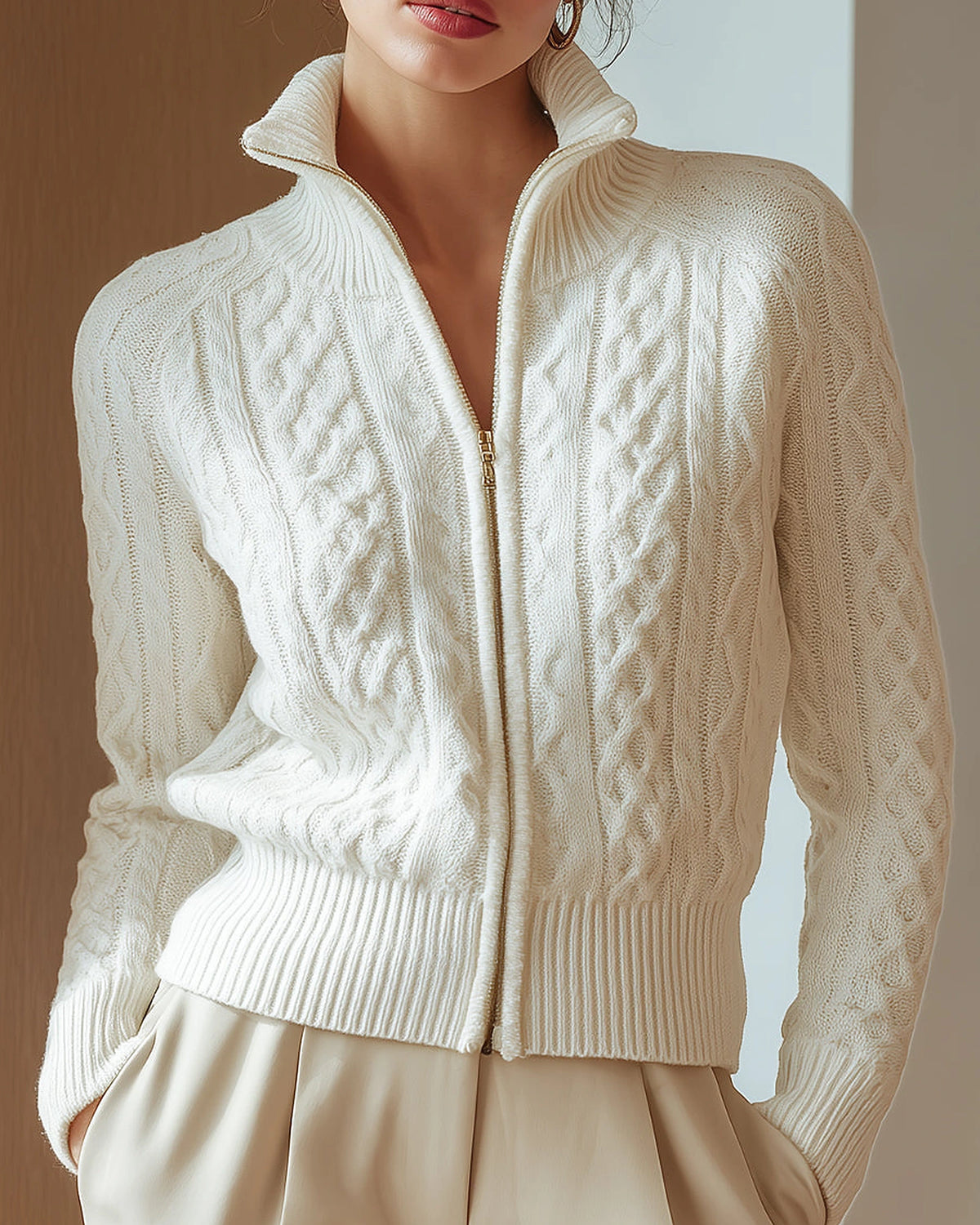 Women's Cardigan Sweater for Ladies, Cable Knit Zip Up with Stand Collar in White – Pippa Jane