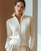 Women's Cardigan Sweater for Ladies, Cable Knit Zip Up with Stand Collar in White – Pippa Jane