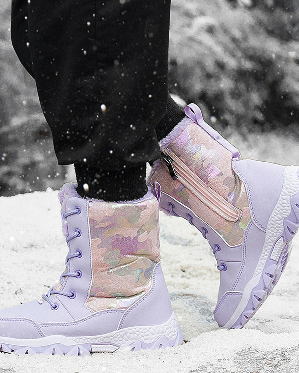 Women's Camo Print Lace-Up Mid-Calf Snow Boots with Faux Fur Trim – Maya Lou