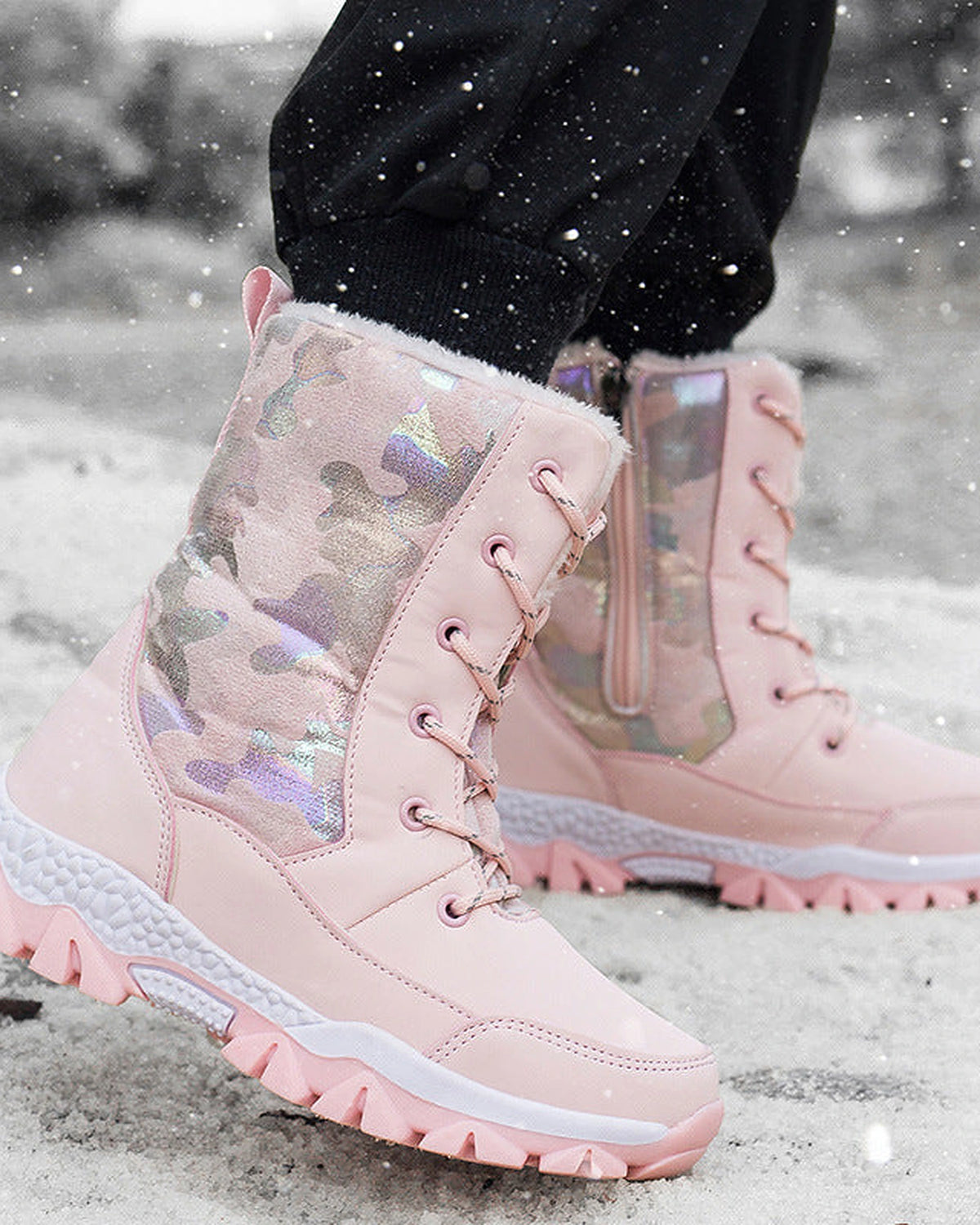 Women's Camo Print Lace-Up Mid-Calf Snow Boots with Faux Fur Trim – Maya Lou
