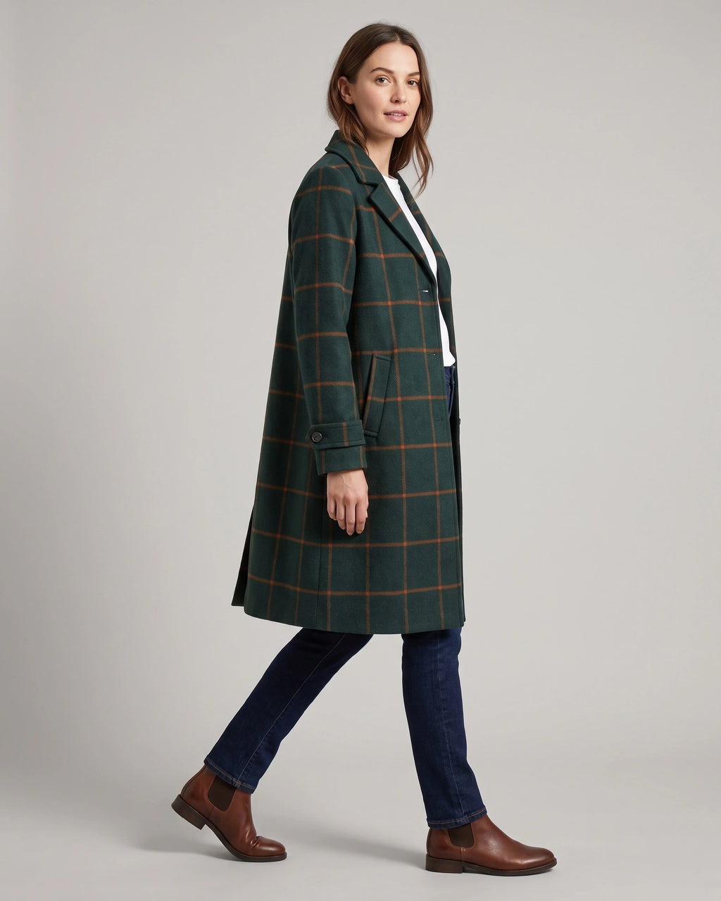 Women's Coat in Check Wool with Notch Lapel and Two-Button Front – Gemma Grey