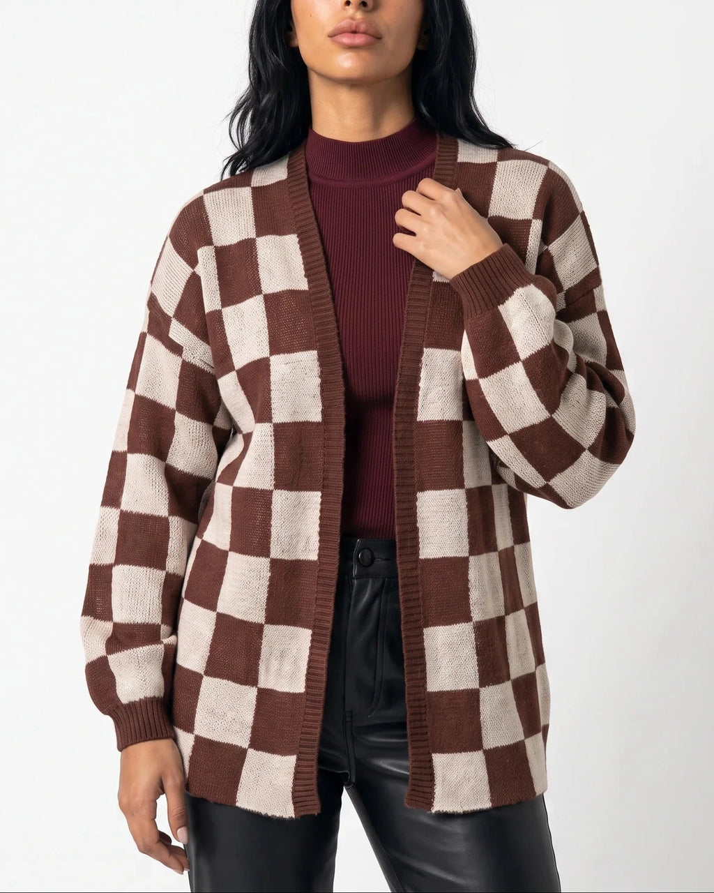 Women's Cardigan Sweater in Checkerboard Knit with Ribbed Trims, Relaxed Fit – Nell