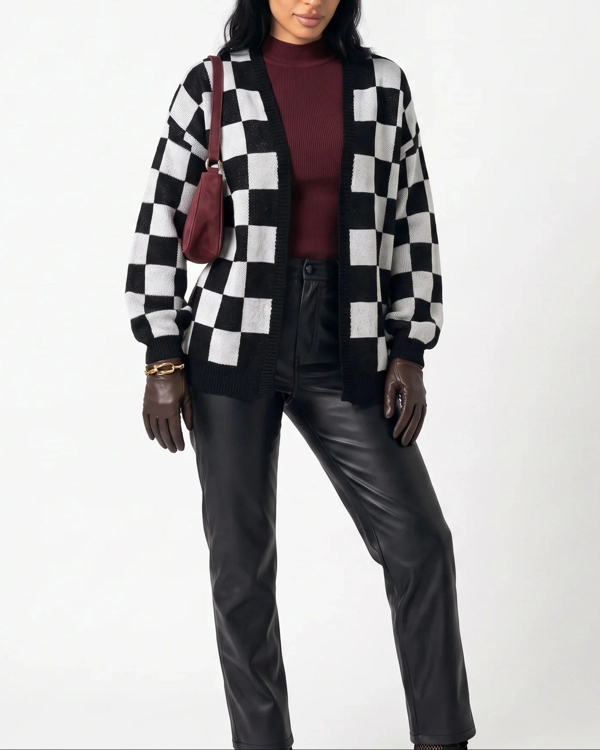 Women's Cardigan Sweater in Checkerboard Knit with Ribbed Trims, Relaxed Fit – Nell