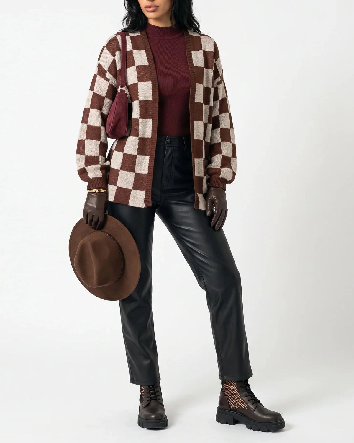 Women's Cardigan Sweater in Checkerboard Knit with Ribbed Trims, Relaxed Fit – Nell